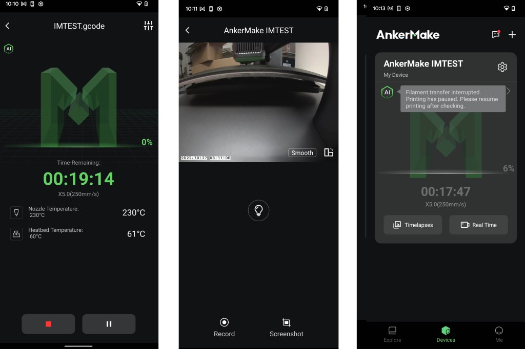 Screenshots aus der AnkerMake App dokumentieren den Druck.