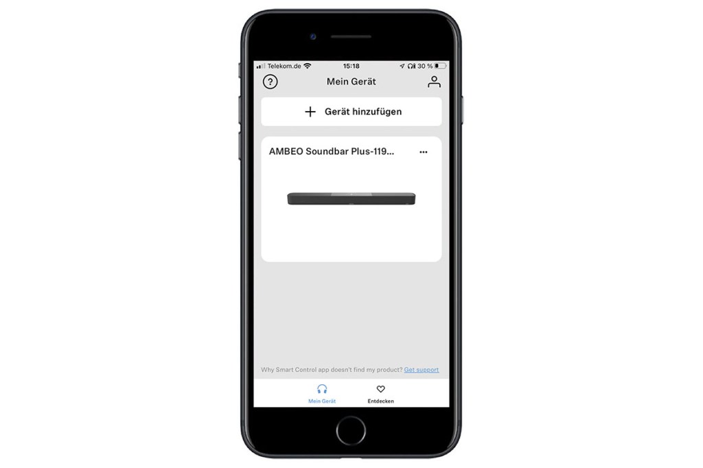 Smartphone mit geöffneter Soundbar-App auf dem Display