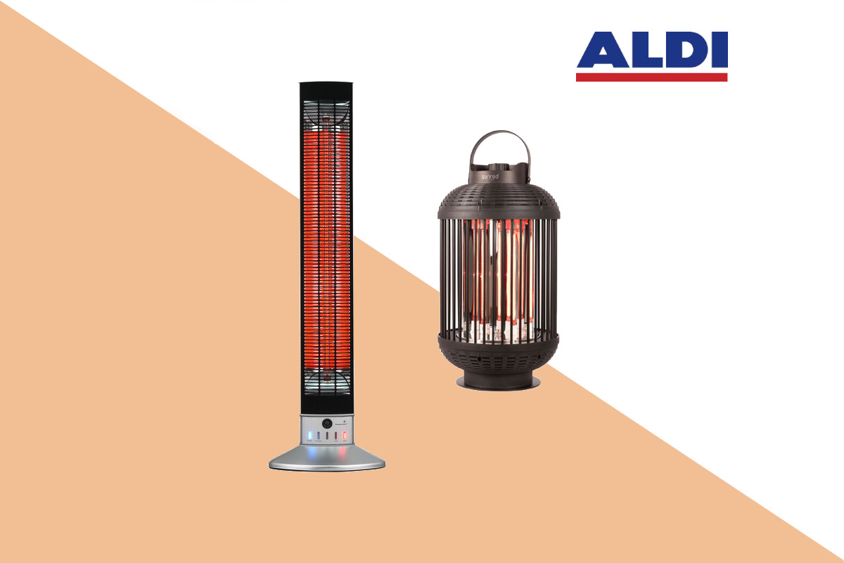 Heizstrahler Säule neben Laternenförmigen Heizstrahler auf hell orangenem weißen Hintergrund mit Aldi Schriftzug oben rechts