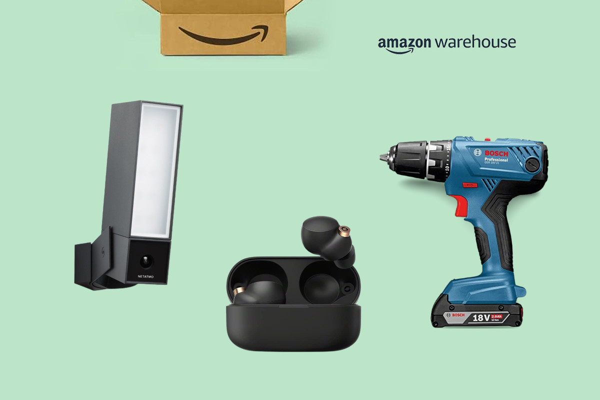 Verschiedene Produkte auf grün pastelligem Grund mit Amazon Warehouse Logo