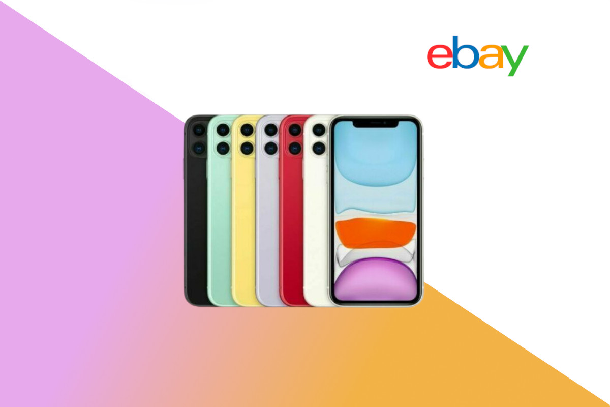 Apple iPhone 11 in verschiedenen Farben von vorne und hinten auf weißem Hintergrund mit lila orangenem Verlauf und eBay Logo rechts oben