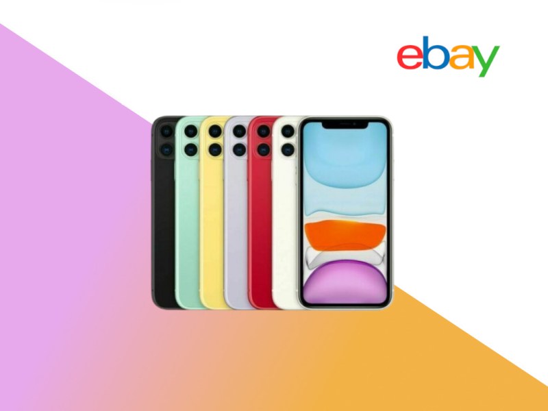 Apple iPhone 11 in verschiedenen Farben von vorne und hinten auf weißem Hintergrund mit lila orangenem Verlauf und eBay Logo rechts oben