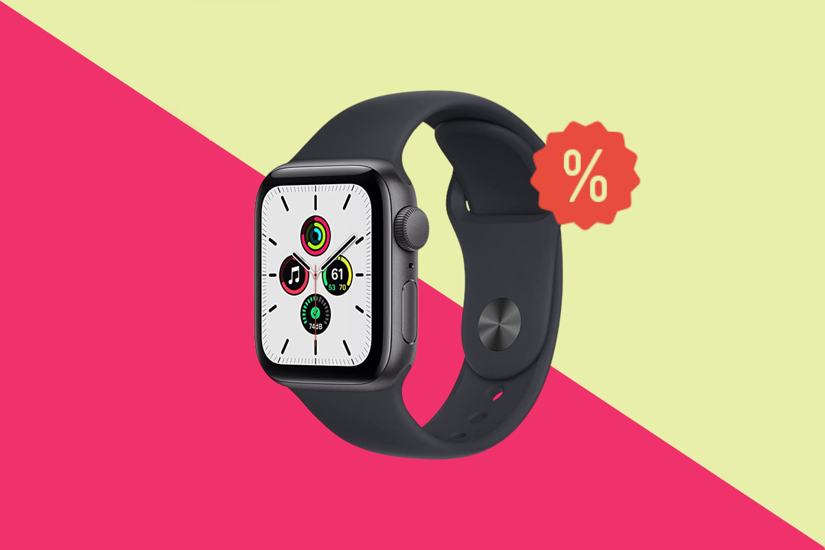 Dunkle Apple Watch SE schräg von vorne auf pink gelben Hintergrund mit rotem Prozentzeichen rechts oben
