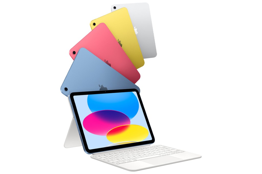 Das iPad 10 und seine verschiedenen Farbvarianten vor weißem Hintergrund.