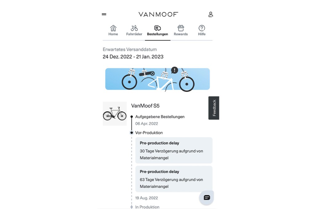 Statusanzeige Liefertermin VanMoof E-Bike aus Kundenportal