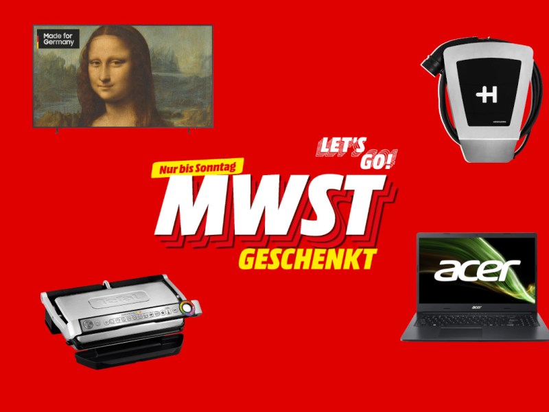 Weißer Schriftzug MwSt auf rotem Hintergrund mit vier Technikprodukten drum herum