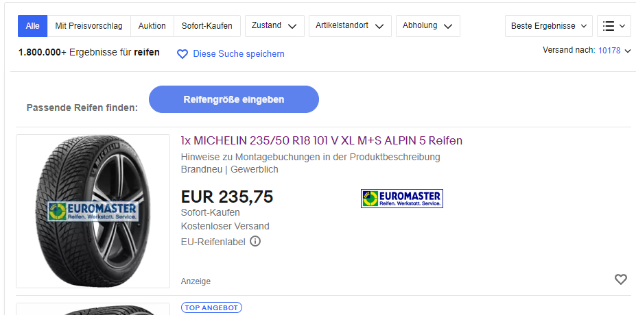 Screenshot eBay Ergebnisse Suche Reifen