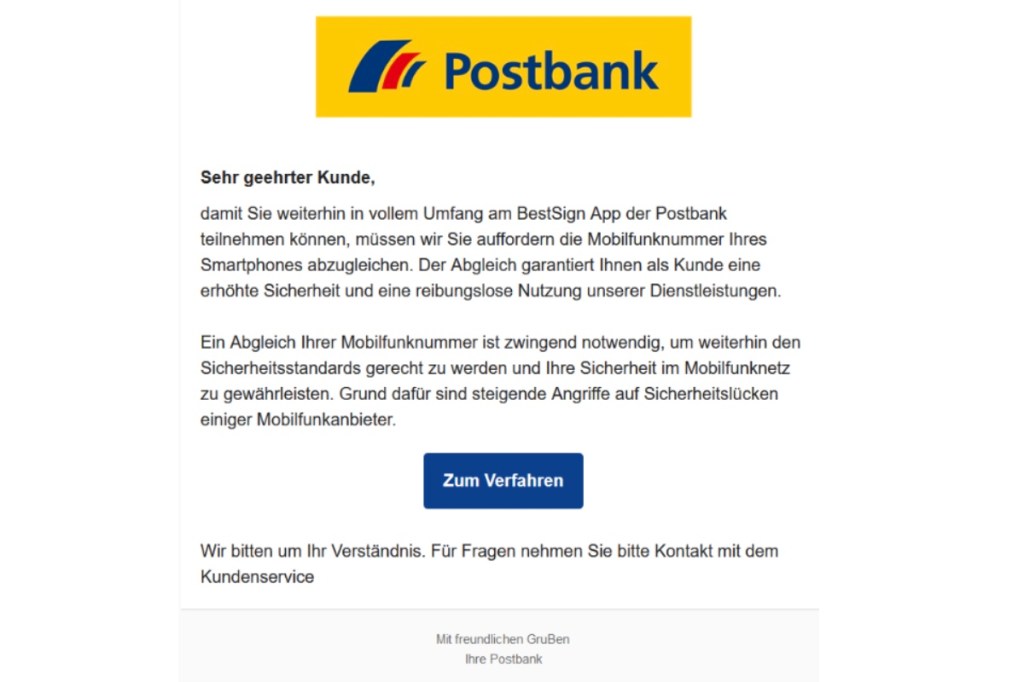 Screenshot einer Phishing-Mail, getarnt als Mail der Postbank.
