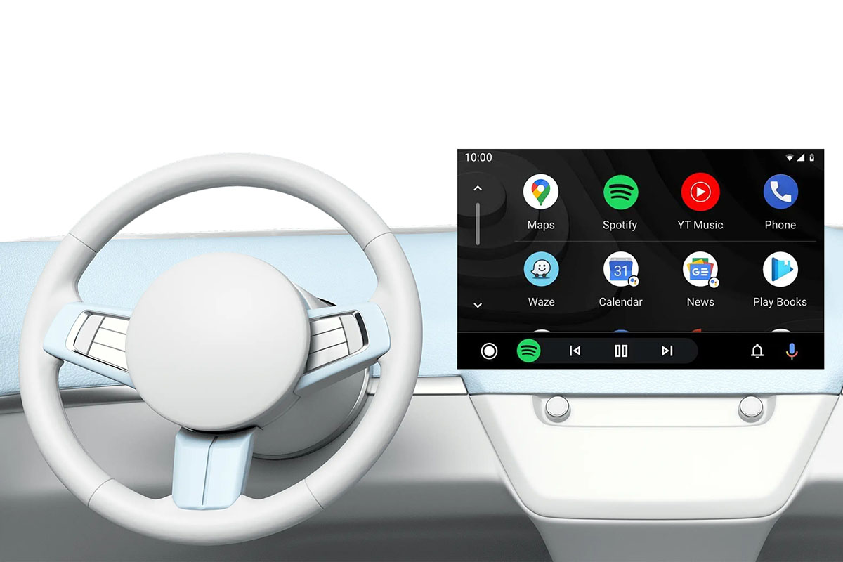 Grafische Abbildung eines Auto-Cockpits mit Lenkrad und Infotainmentsystems. Im Display wird der App-Launcher von Android-Auto abgebildet.