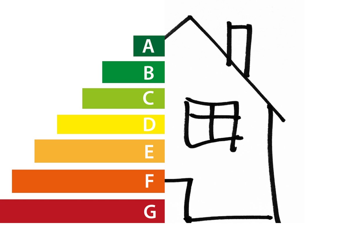 Energielabel neben gezeichnetem Haus