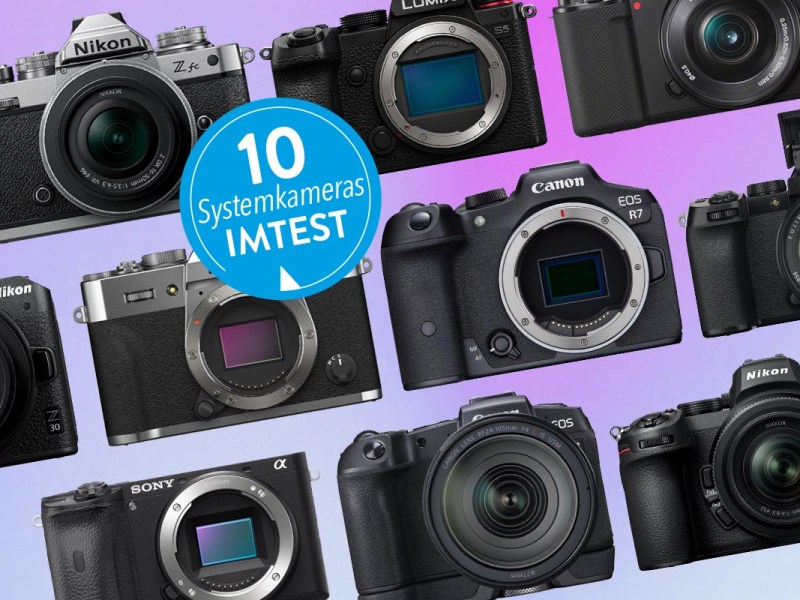 Zehn Systemkameras verschiedener Hersteller auf einem Farbverlauf