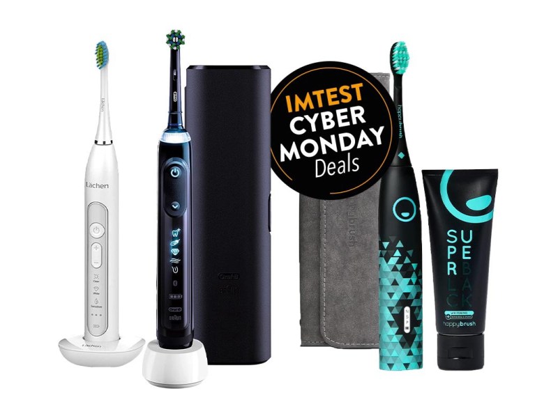 Drei verschiedene elektrische Zahnbürsten mit zwei Etuis und Zahnbpastatube auf weißem Hintergrund mit IMTEST Cyber Monday Deals Button
