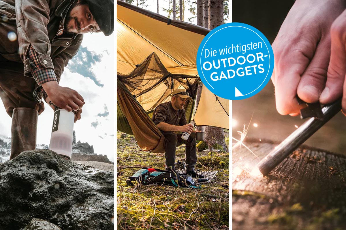 Ein dreigeteiltes Bild mit verschiedenen Gadgets für Outdoor Aktivitäten