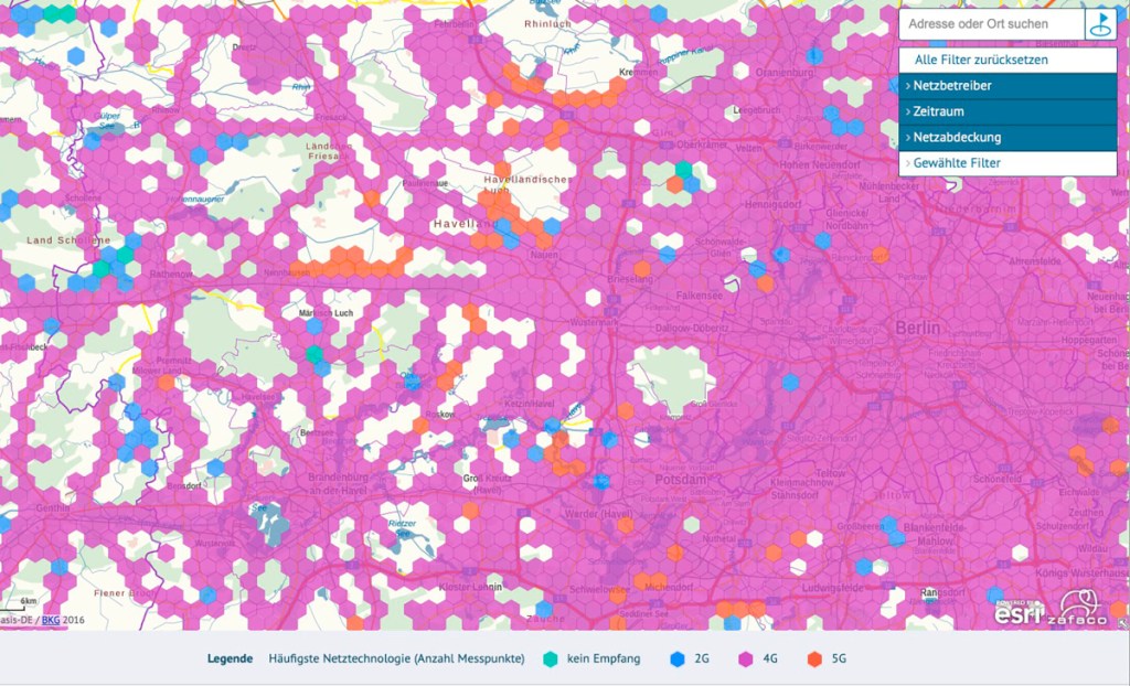 Karte mit lila Punkten zeigt 5G im Mobilfunknetz