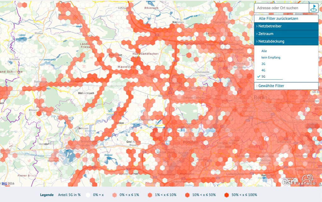 Karte mit orangenen Punkten zeigt Netzverfügbarkeit von 5G
