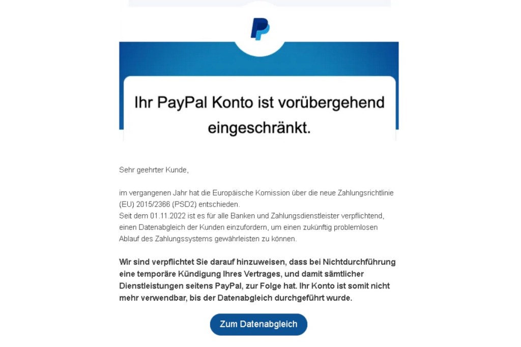 Screenshot der Paypal-Phishing-Mail aus dem November 2022