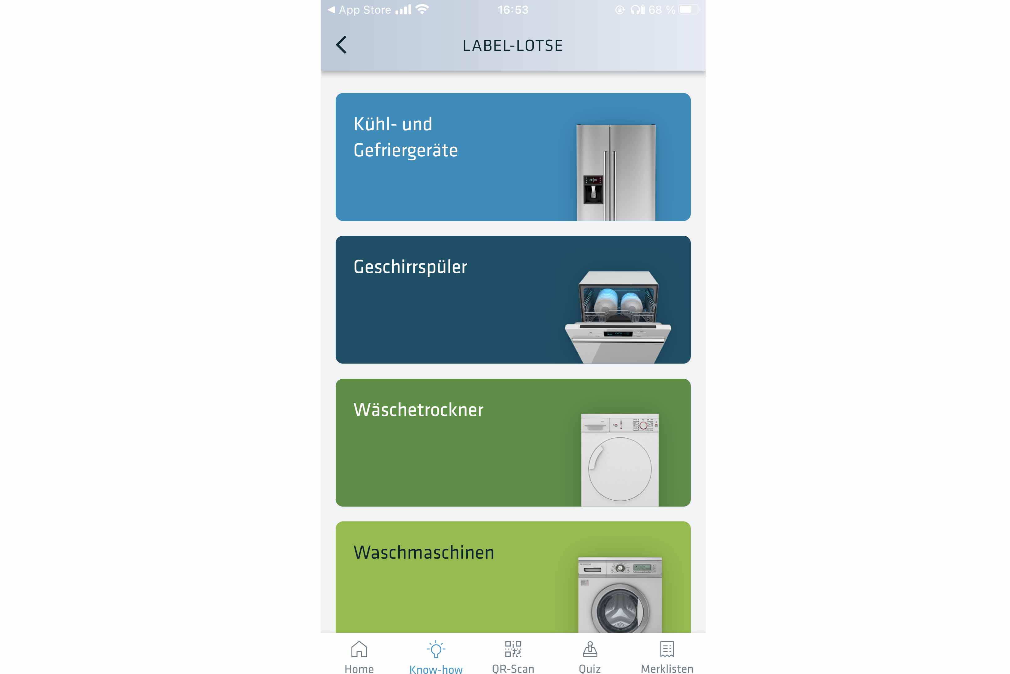 Screenshot der App Energielabel vom Bundesanstalt für Materialforschung und -prüfung.