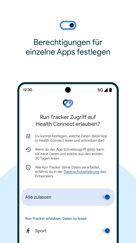 Ansicht der Google Health Connect App