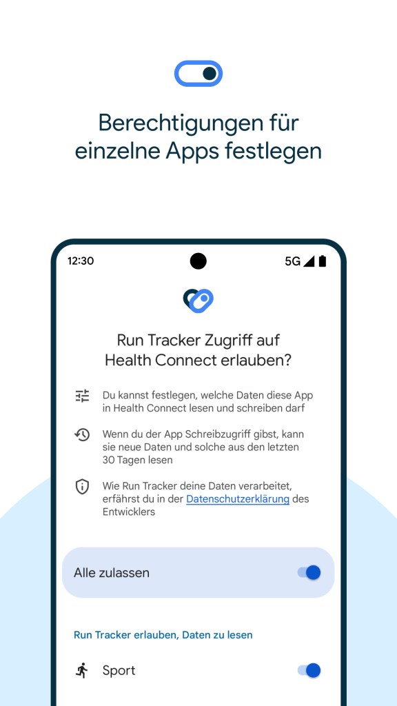 Ansicht der Google Health Connect App