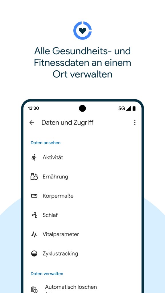 Ansicht der Google Health Connect App