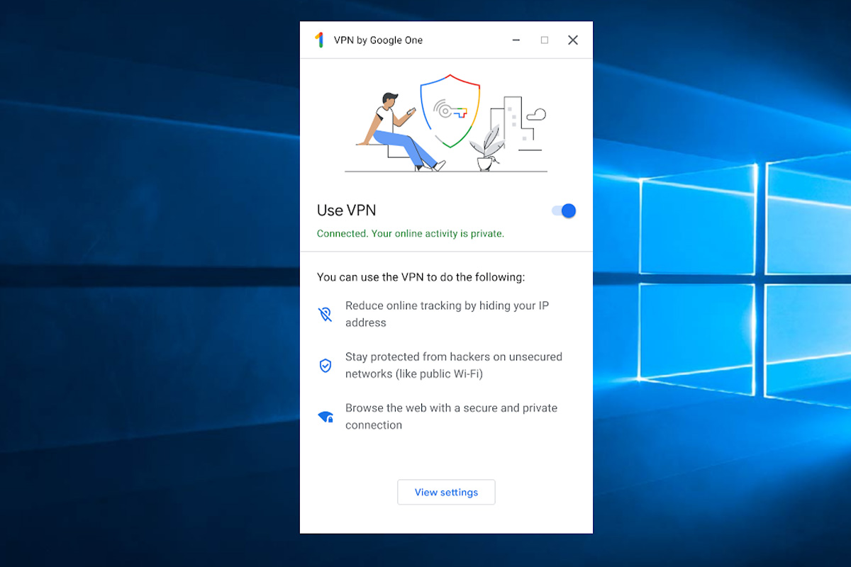 Ein Fenster für die Google-One-VPN-Funktion erscheint auf einem Windows-PC.