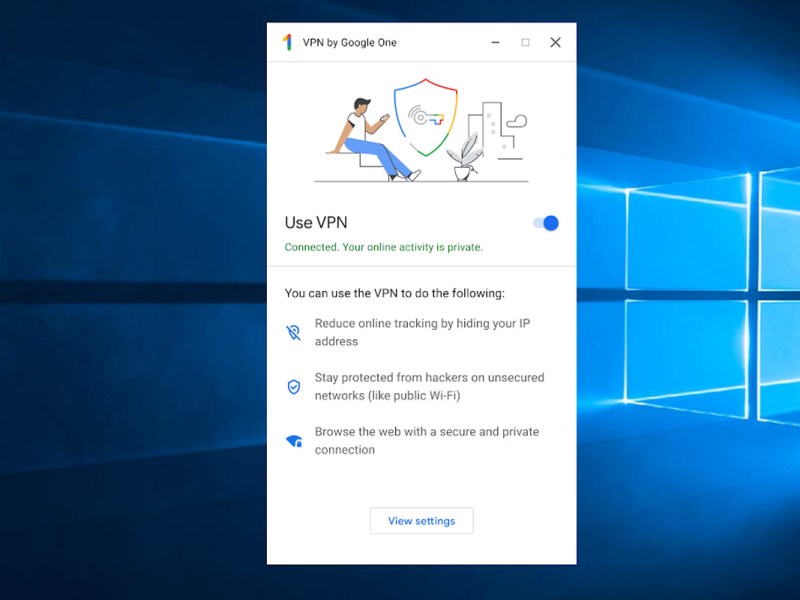 Ein Fenster für die Google-One-VPN-Funktion erscheint auf einem Windows-PC.