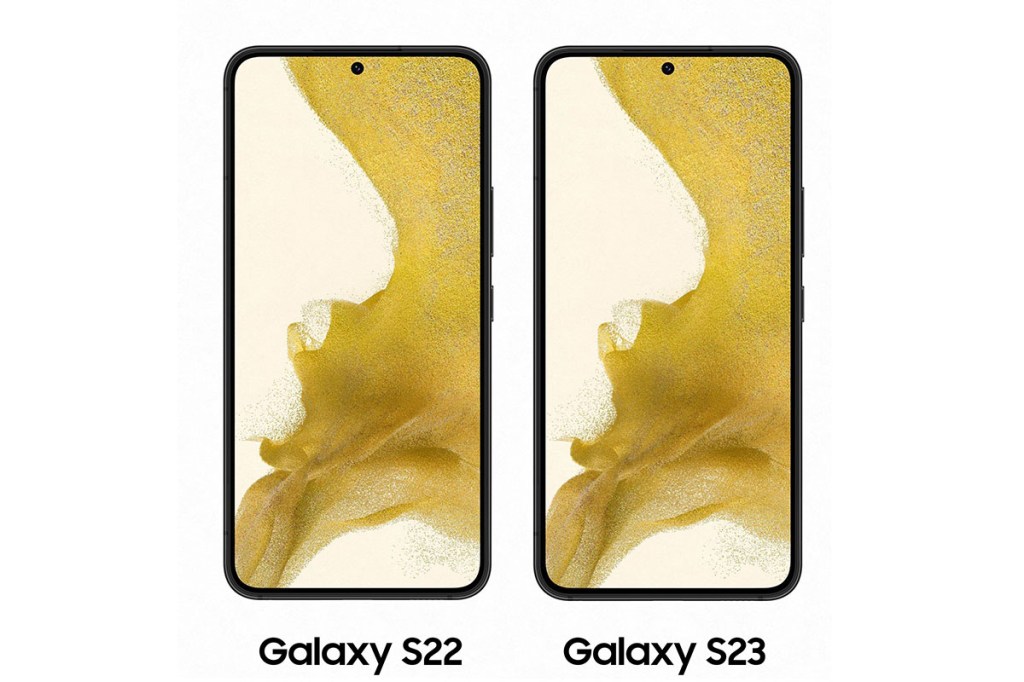 Samsung Galaxy S22 und Galaxy S22 in Frontansicht nebeneinander vor weißem Hintergrund.