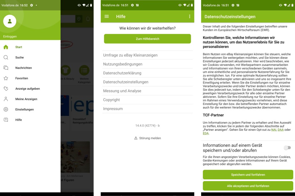 Screenshots der Einstellungen und Datenschutzeinstellungen in der App Ebay Kleinanzeigen