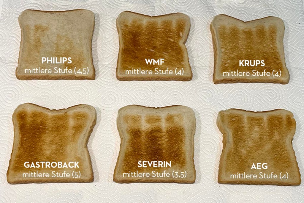 Sechs geröstete Toastscheiben in zwei Dreierreihen mit Modellname von Toastern