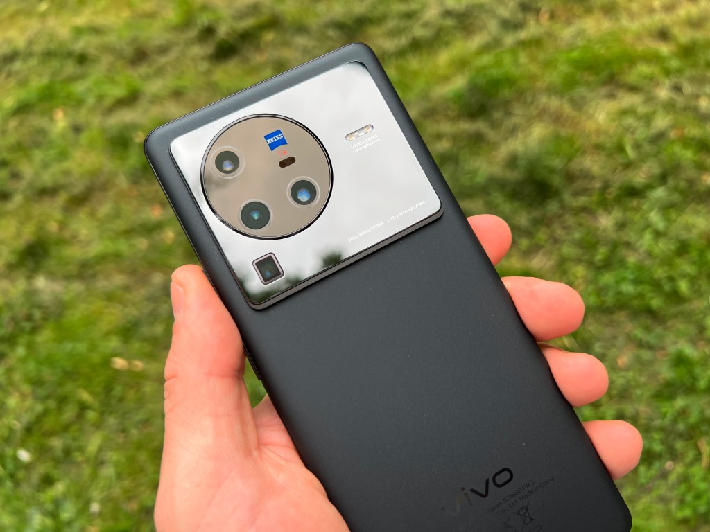 Hand hält dunkles Smartphone mit silbernem Kameraaufsatz vor grünem Rasen