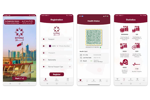 Screenshots der App Ehteraz, welche für die WM in Katar eingesetzt wird.