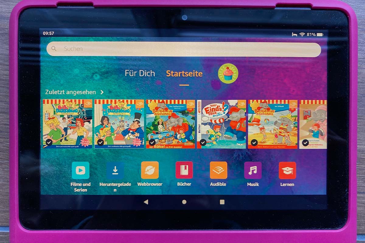 Blick auf den Bildschirm des Kindertablets Amazon fire HD 8 kids pro