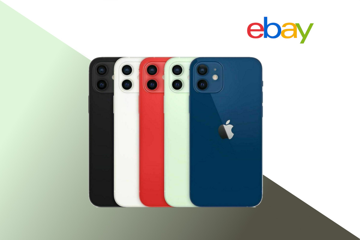 Fünf Apple iPhone 12 mini von hinten in Reihe in verschiedenen Farben auf weißem Hintergrund mit grün grauem Verlauf unten und eBay Logo rechts oben