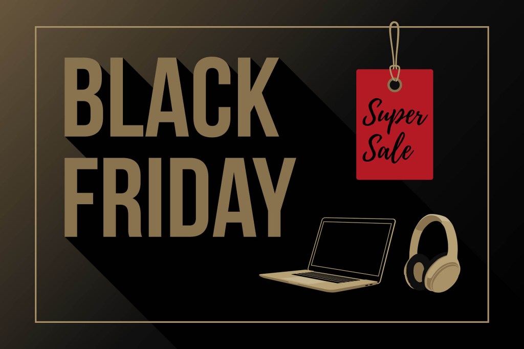Auf einer schwarzen Fläche sieht man in goldener Schrift "Black Friday", ein stilisiertes, goldenes Headset, ein ebensolcher Laptop sowie ein rotes Schild: Super Sale.