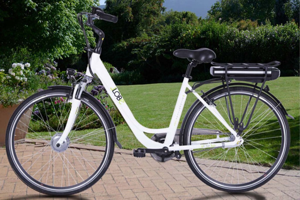 City-E-Bike Metropolitan Joy von Llobe in einem Garten stehend