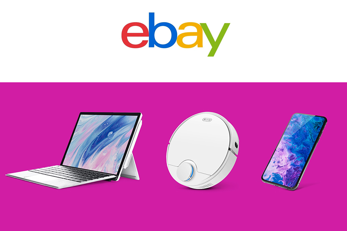 Das eBay-Logo über einer Zusammenstellung von einem Laptop, einem Saugroboter und einem Smartphone.