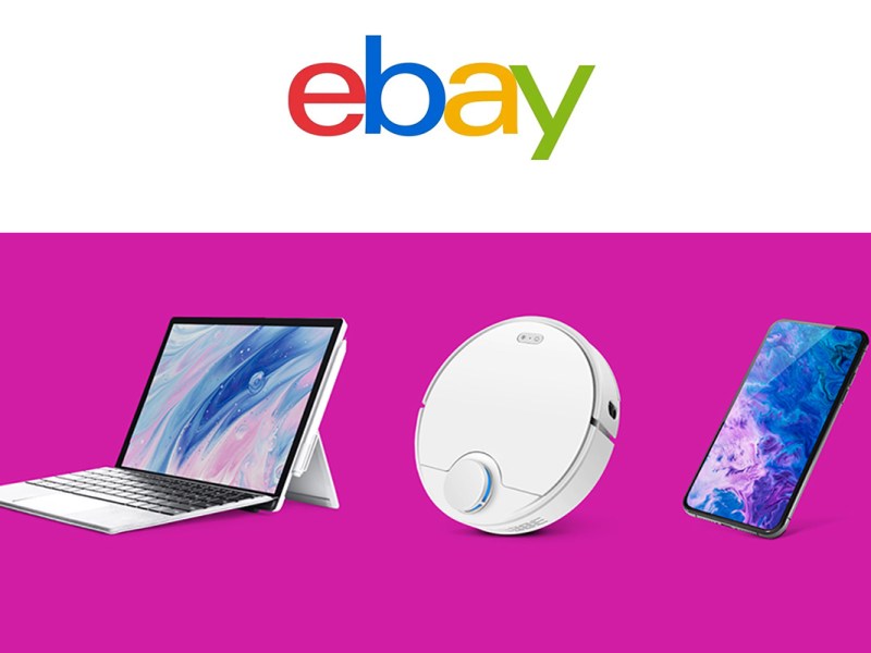 Das eBay-Logo über einer Zusammenstellung von einem Laptop, einem Saugroboter und einem Smartphone.