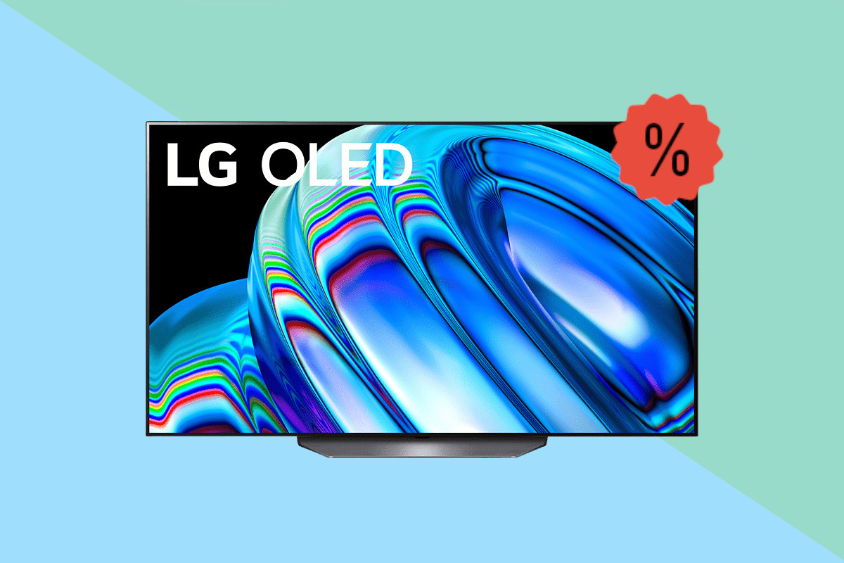 LG-OLED-TV mit blau schwarzem Bild von vorne auf blau grünem Hintergrund mit rotem Prozentzeichen oben rechts