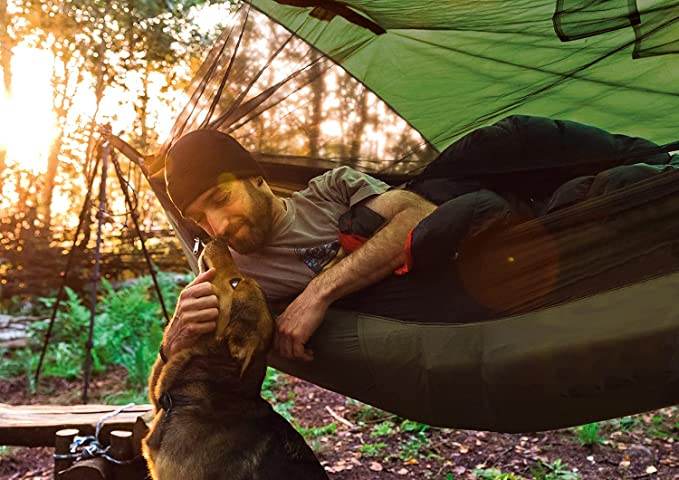 Junger Mann in grüner Hängematte im Wald beugt sich vor und streichelt braunen hund