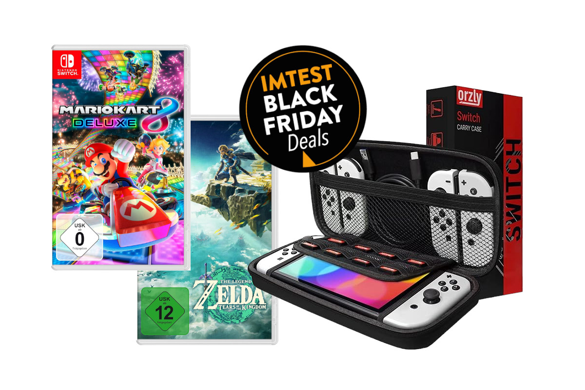 Links buntes Mario Kart 8 Spiel, dahinter leicht nach unten versetzt Zelda Spiel und rechts daneben weiße Nintendo Switch OLED in schwarzer aufgeklappter Tasche schräg von vorne mit schwarzem Button "IMTEST Black Friday Deals" mittig oben auf weißem Hintergrund