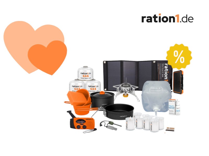 Notfallausrüstung auf weißem Hintergrund mit gelben Prozentzeichen und orangenen Herzen links sowie Ration1 Logo oben rechts