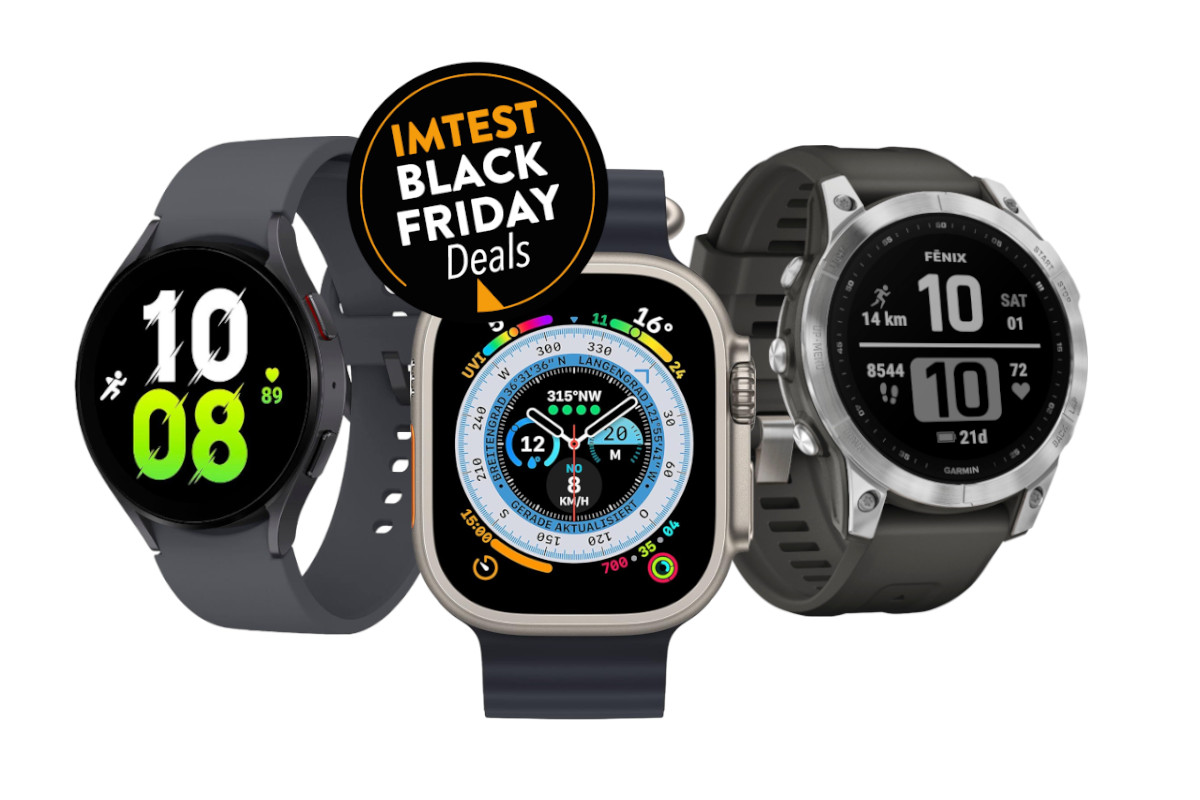 Drei verschiedene Smartwatches auf weißem Hintergrund mit schwarzem Button "IMTEST Black Friday Deals"