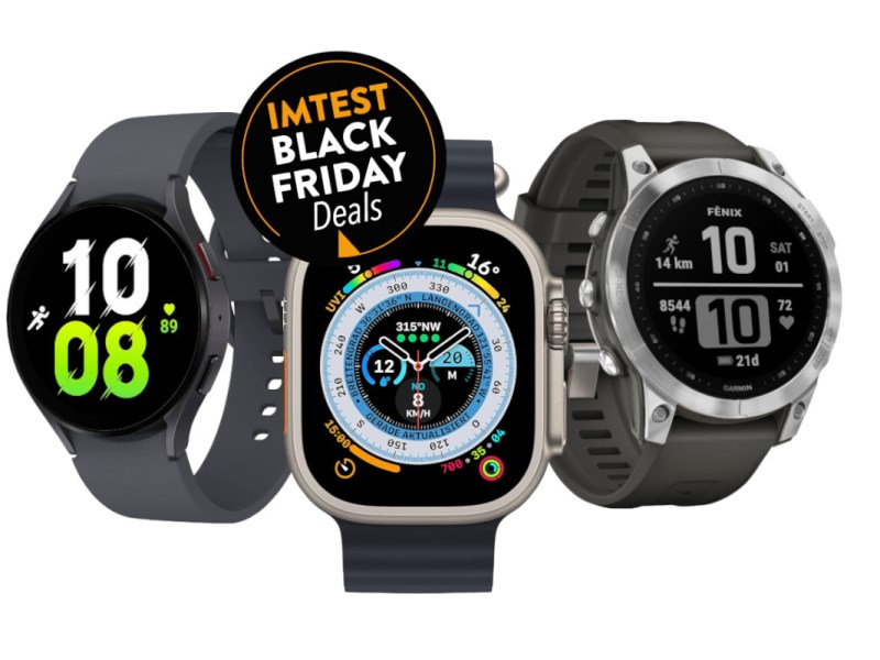 Drei verschiedene Smartwatches auf weißem Hintergrund mit schwarzem Button "IMTEST Black Friday Deals"