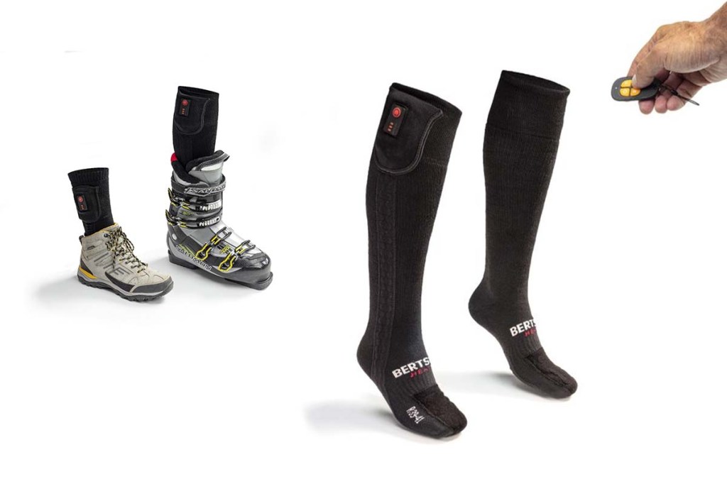 zwei Productshots nebeneinander: beheizbare Socken einzeln rechts, links inklusive Schuh bzw. skistiefel