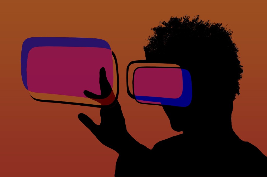 Graphische Darstellung einer Silhouette mit VR-Brille, die ein Rechteck vor sich antippt, das Bild ist in rot gehalten.