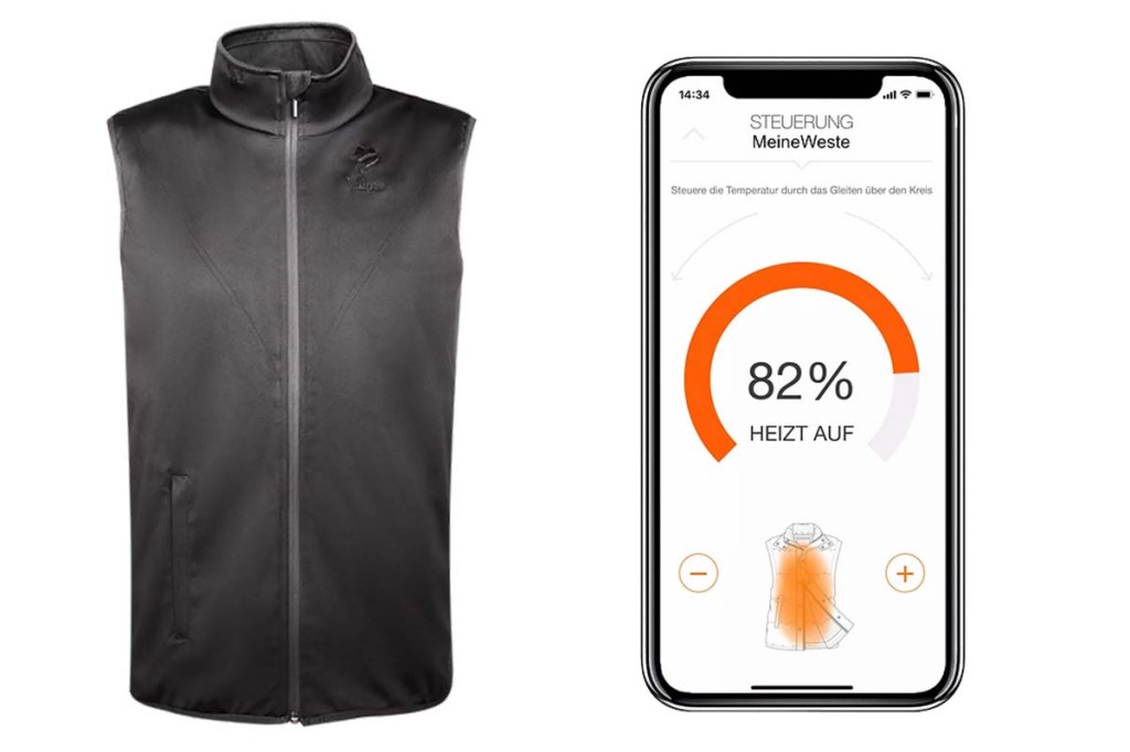 Productshot Weste von Vulpés, daneben Bildschirm vom Smartphoen, mit dem die Wärme steuerbar ist