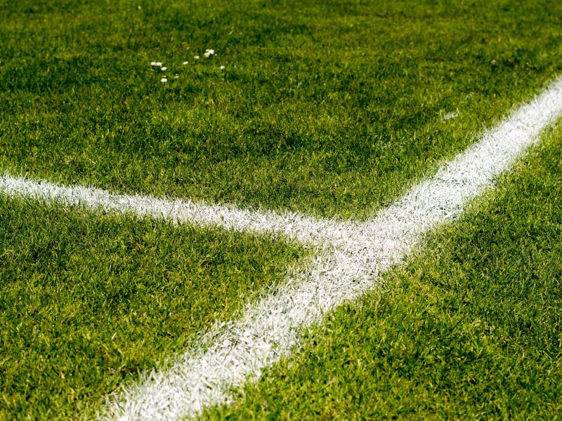 Eine weiße Randmarkierung begrenzt ein grünes Fußballfeld