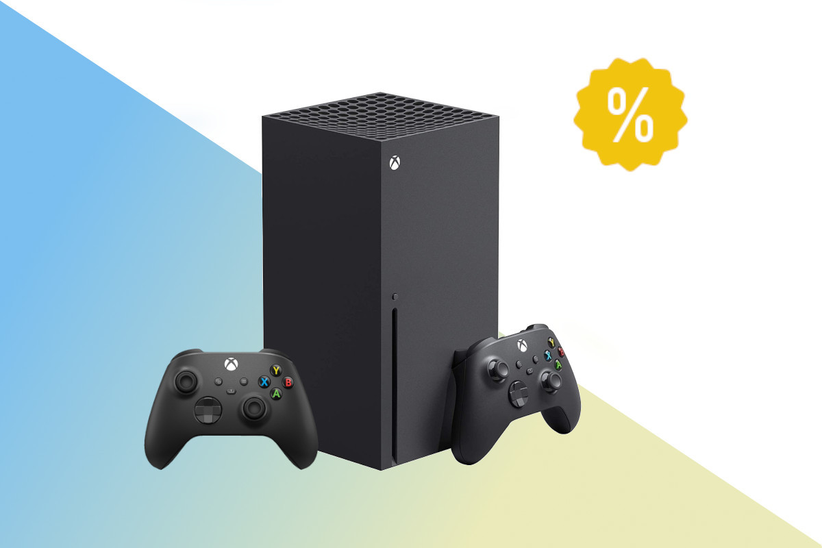 Schwarze Xbox Series X mit Controller vor weißem Hintergrund mit blau gelben Verlauf und gelben Prozentzeichen rechts oben