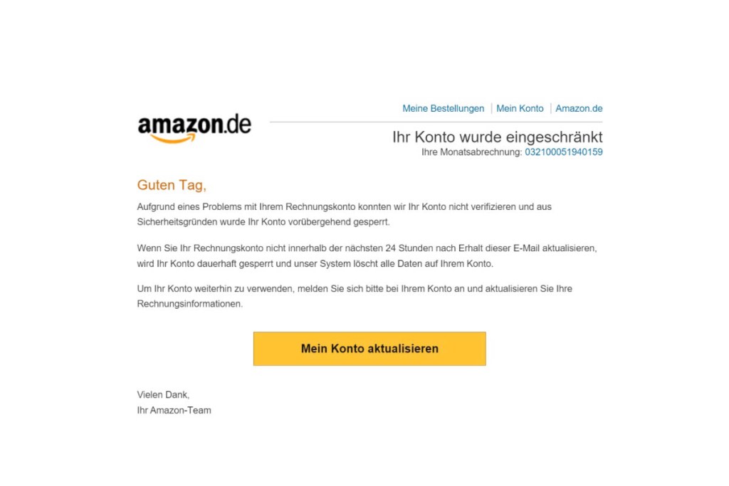 Eine Phishing-Mail, getarnt als Amazon-Benachrichtigung fordert dazu auf, Kontoinformationen zu verifizieren.