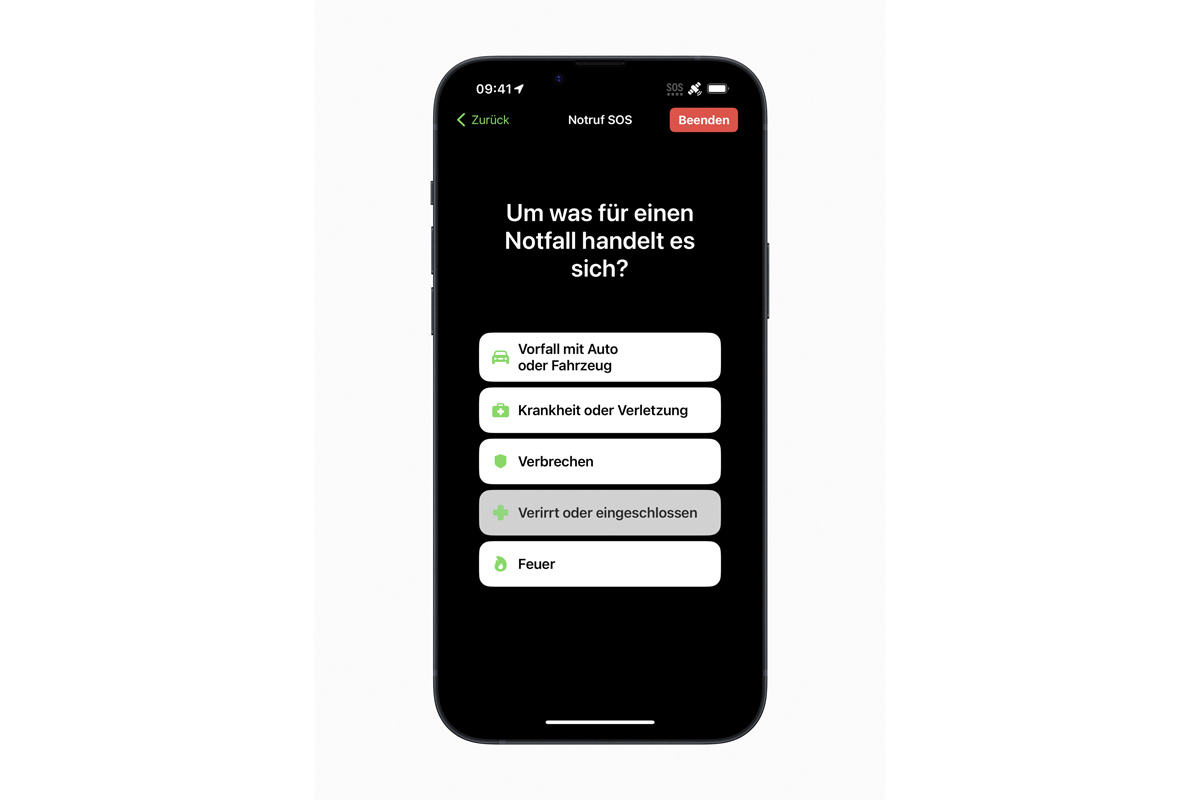 Screenshot der Satelliten-Notruf-Funktion von Apple.